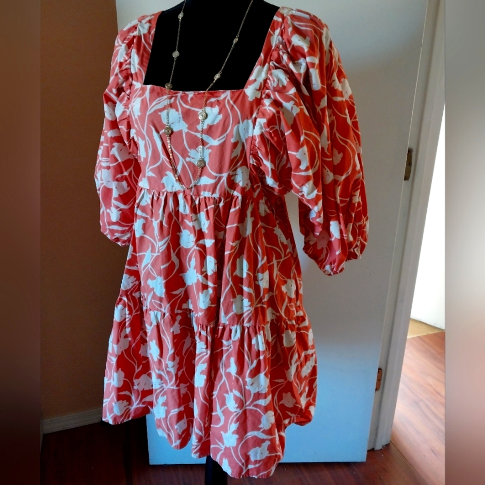 a new day Coral and White Floral Puff-Sleeve Dress
